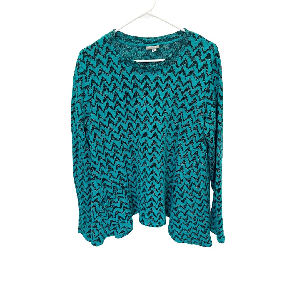 Niche‎ Nilgun Derman Teal Black Chevron Knit Top Lagenlook Artsy Large USA Made